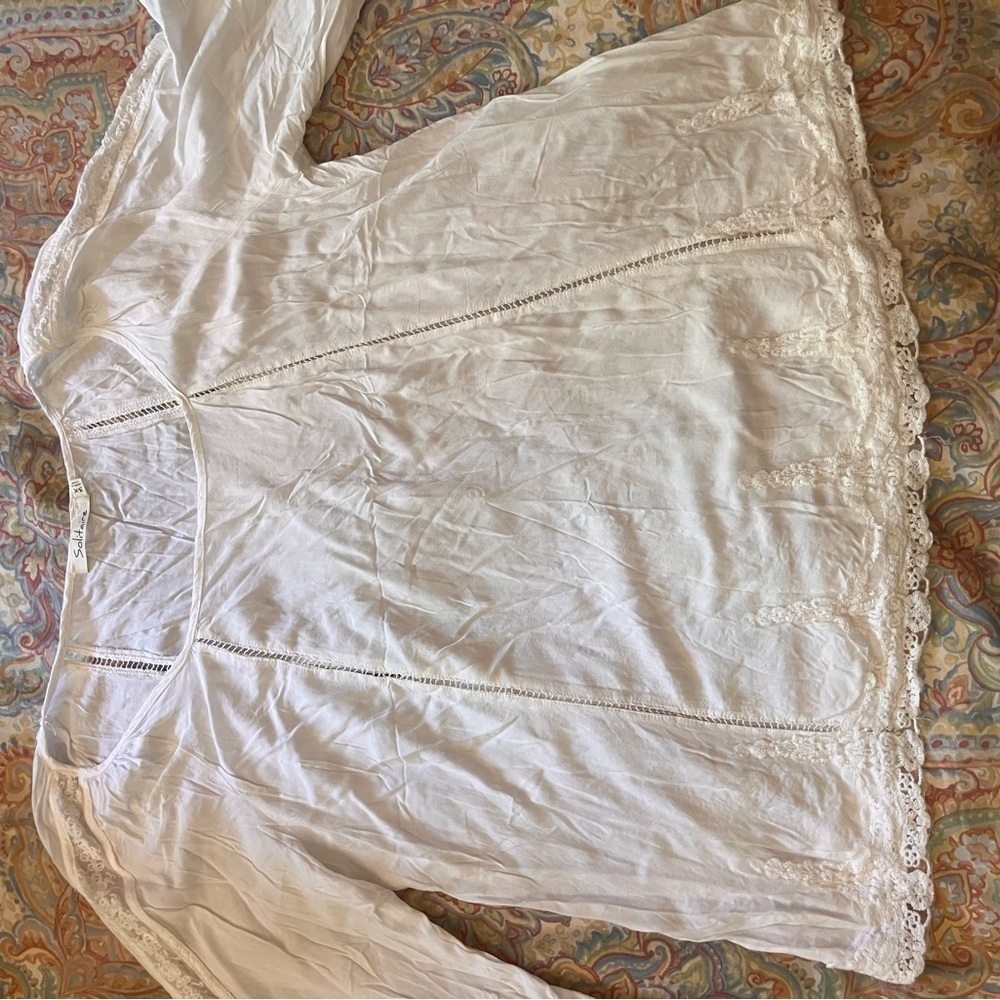 Solitaire rayon top w/ cotton crochet trim, BoHo flare sleeve & lace peek a boo - Picture 8 of 13